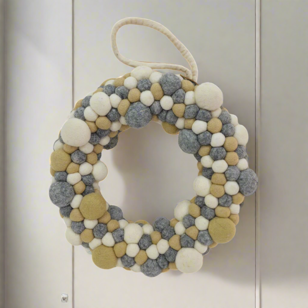 Door Hanging Multi Felt Ball Wreath 14 Inches