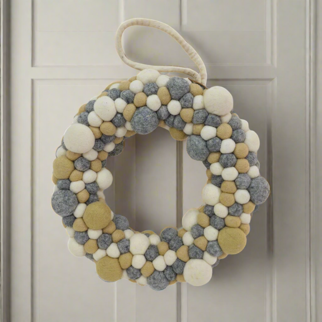 Door Hanging Gray &.. Felt Ball Wreath 14 Inches
