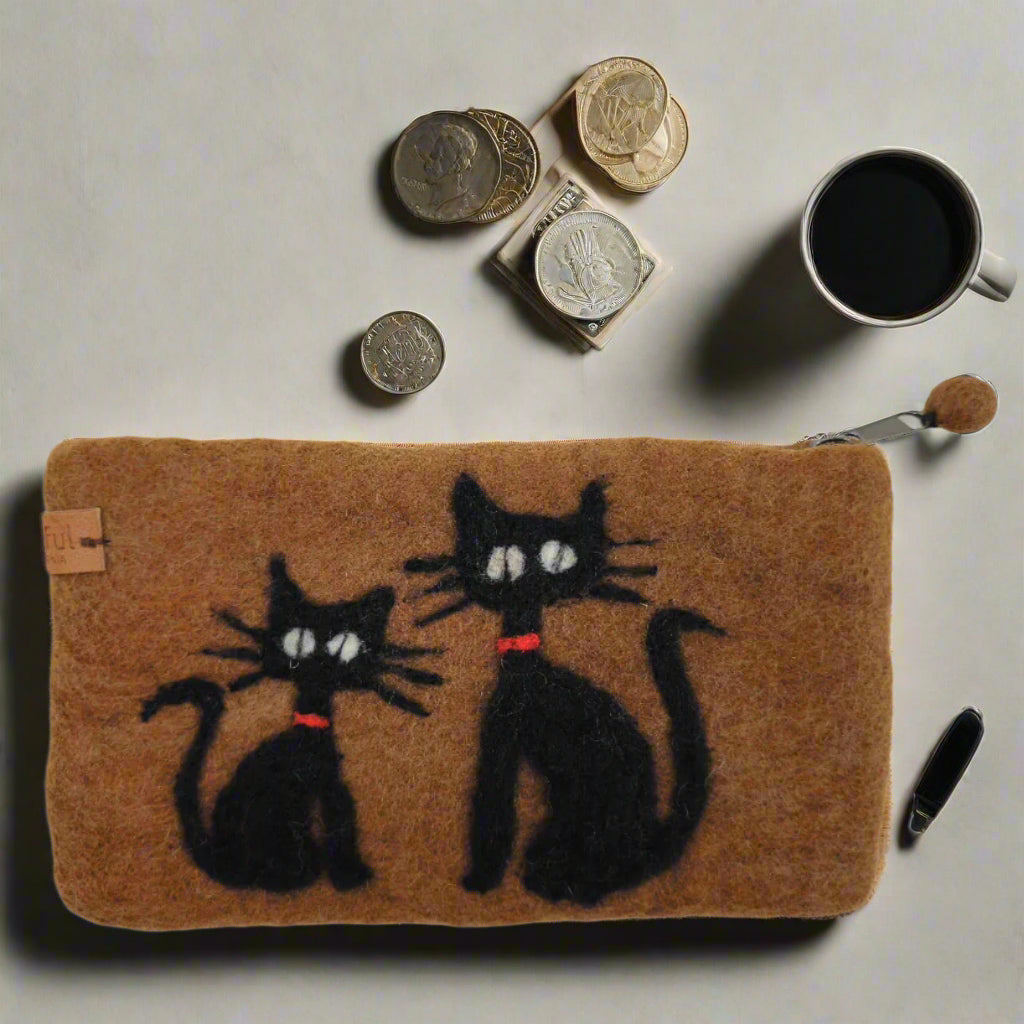 Hand Felted Black Kitty Purse 5x8 Inches