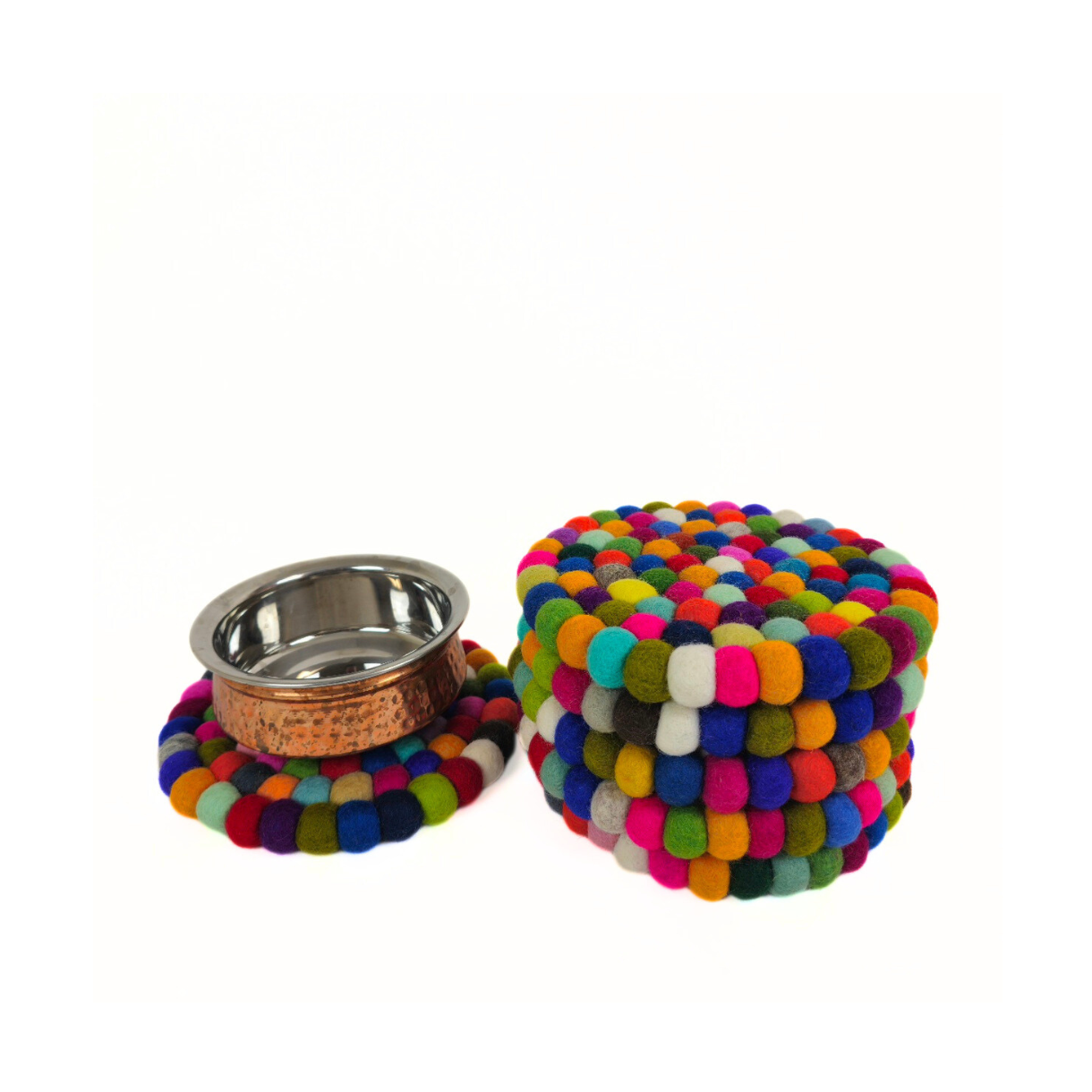 Multi-Color Pom Pom Felt Ball Trivet-Set Of 2Pcs.