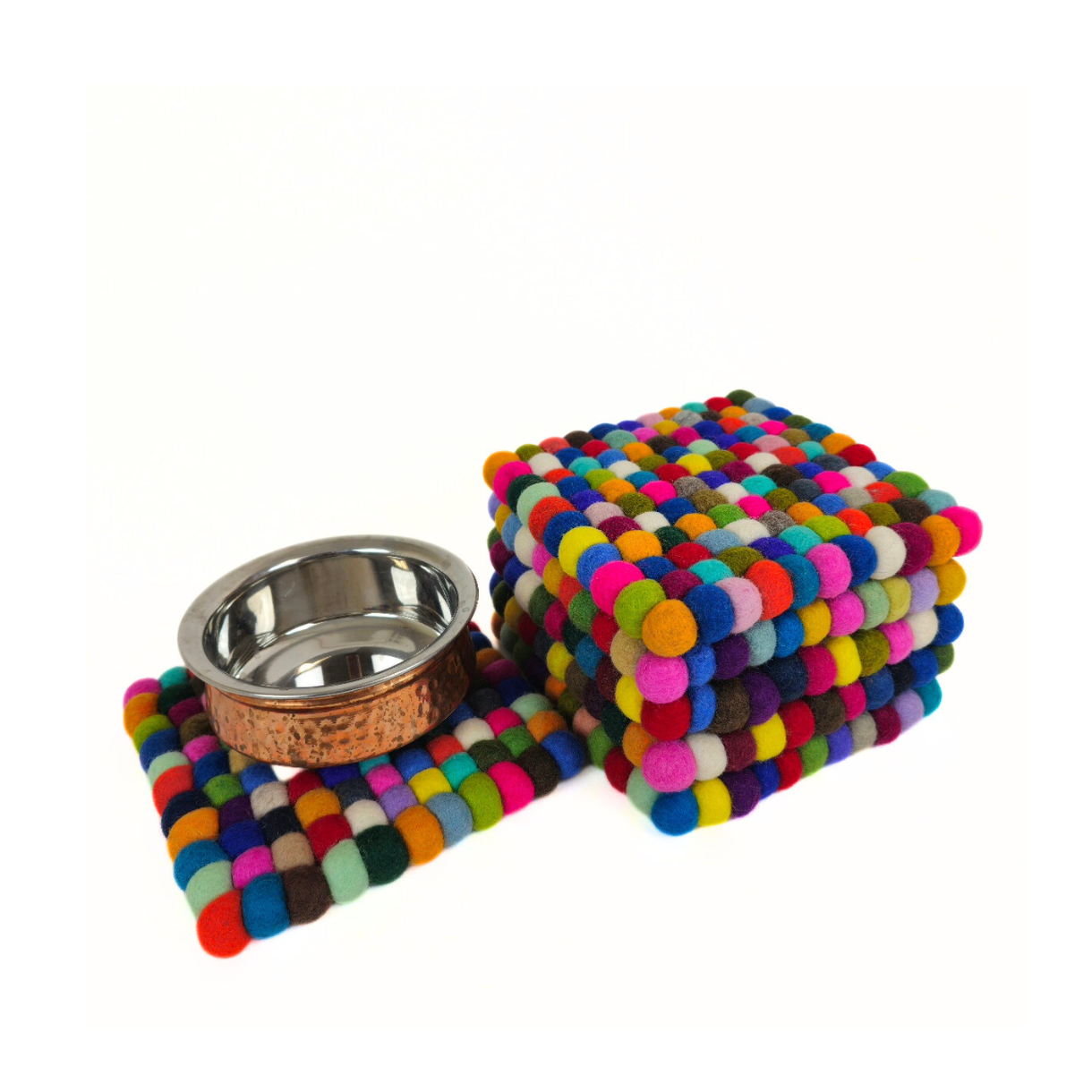 Multi-Color Pom Pom Felt Ball Trivet-Set Of 2Pcs.