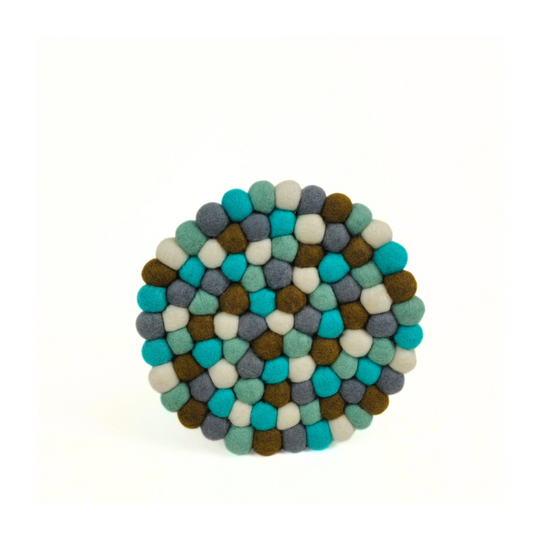 Multi-Turquoise Pom Pom Felt Trivet-Set Of 2Pcs.