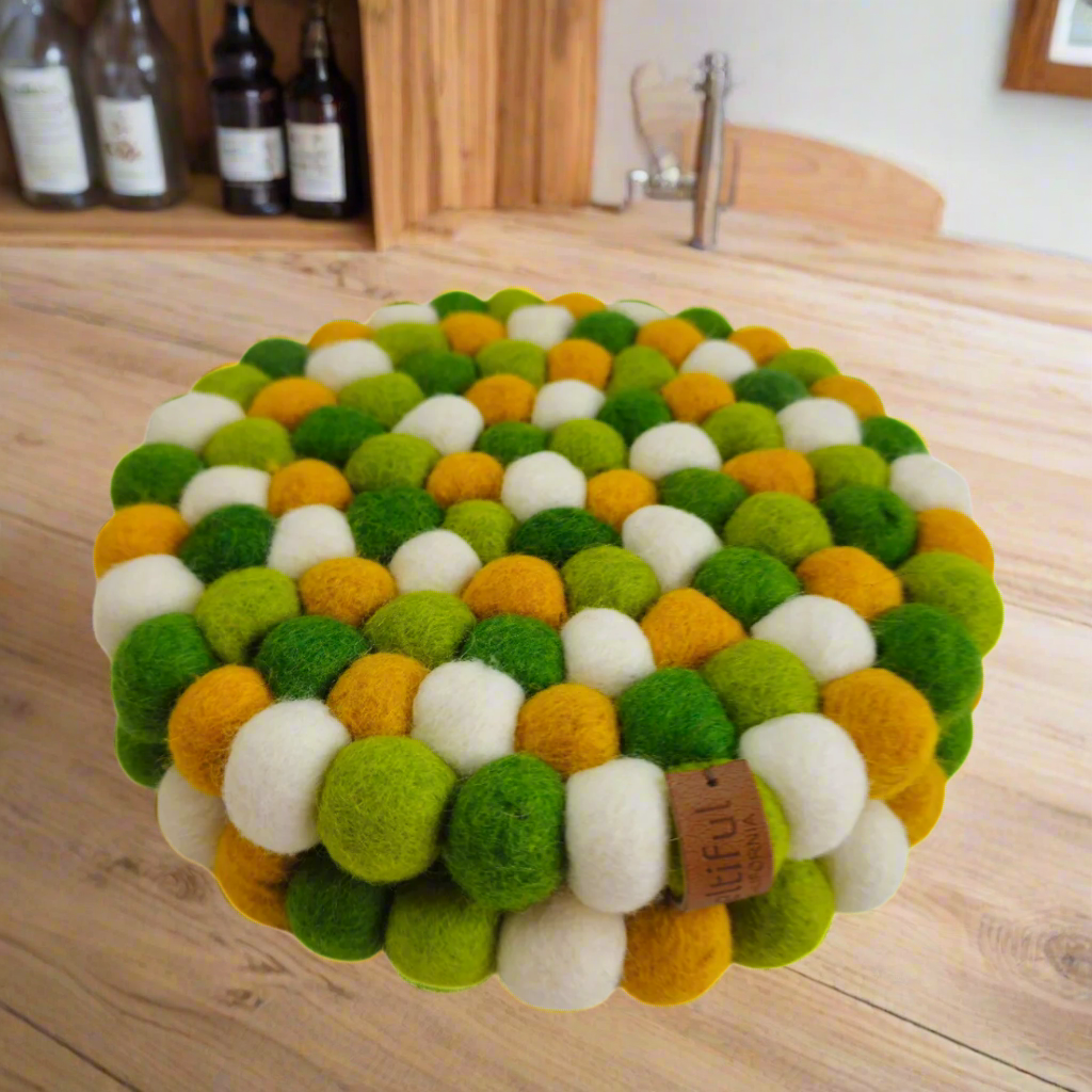 Yellow Tie Dye & More Pom Pom Felt Ball Trivet-Set Of 2Pcs.