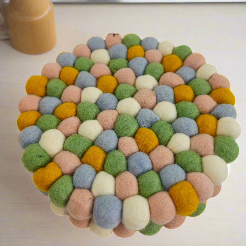 Baby Pink & More Pom Pom Felt Ball Trivet-Set Of 2Pcs.