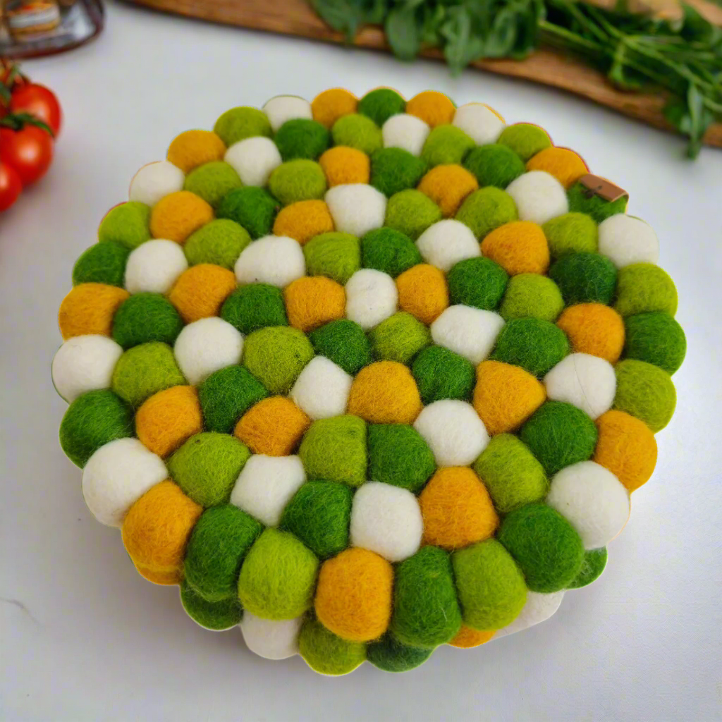 Mustard Green & More Pom Pom Felt Ball Trivet-Set Of 2Pcs.