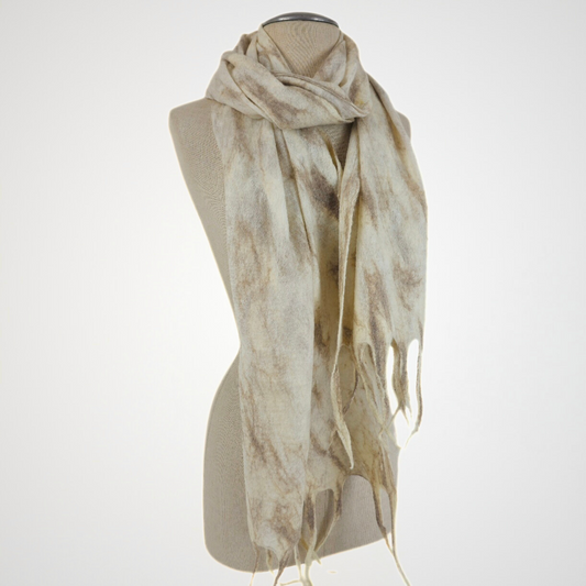 White-Brown Merino Wool & Silk Felted Scarf