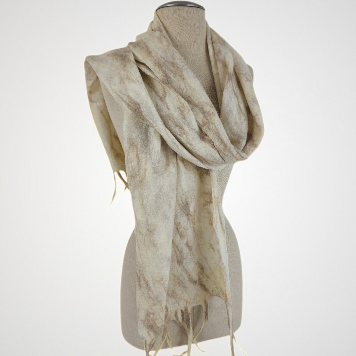 White-Brown Merino Wool & Silk Felted Scarf