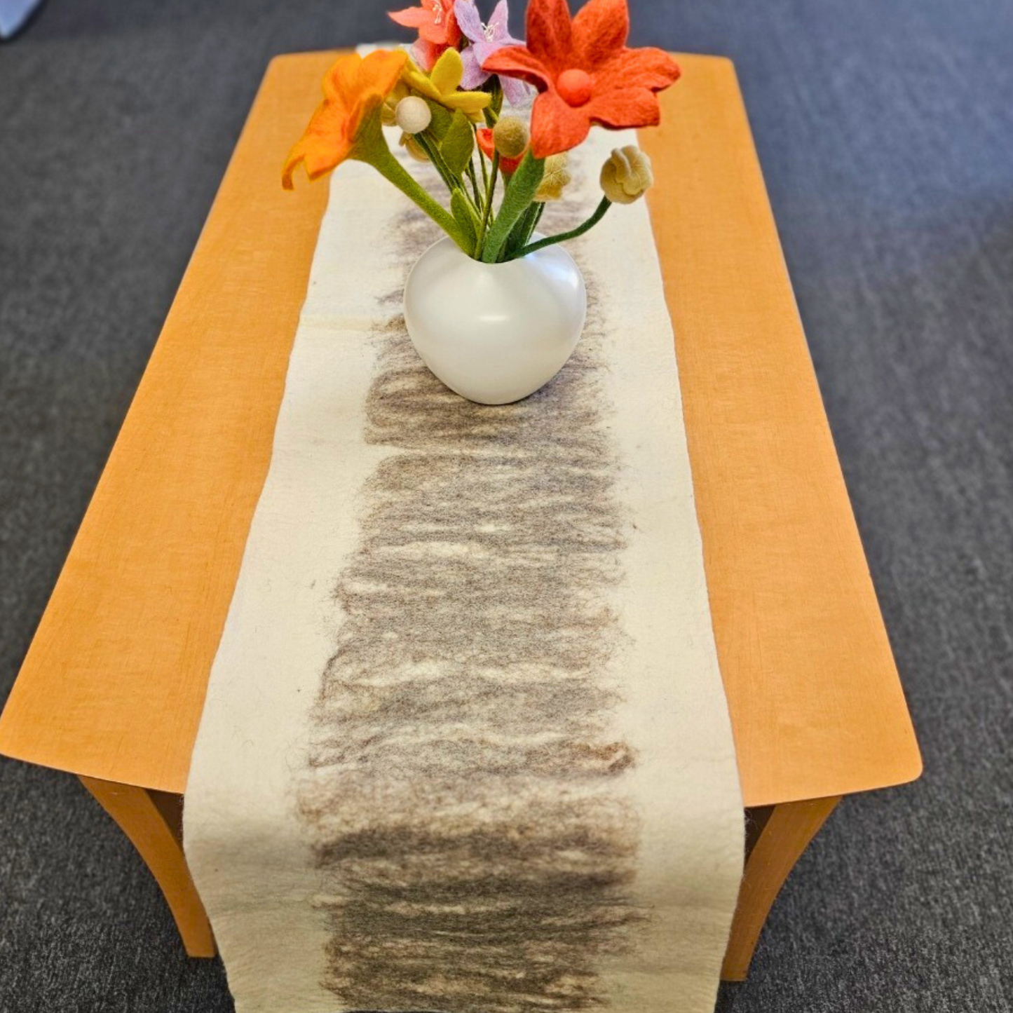Artisan White & Brown Felted Table Runner-12IN Wide