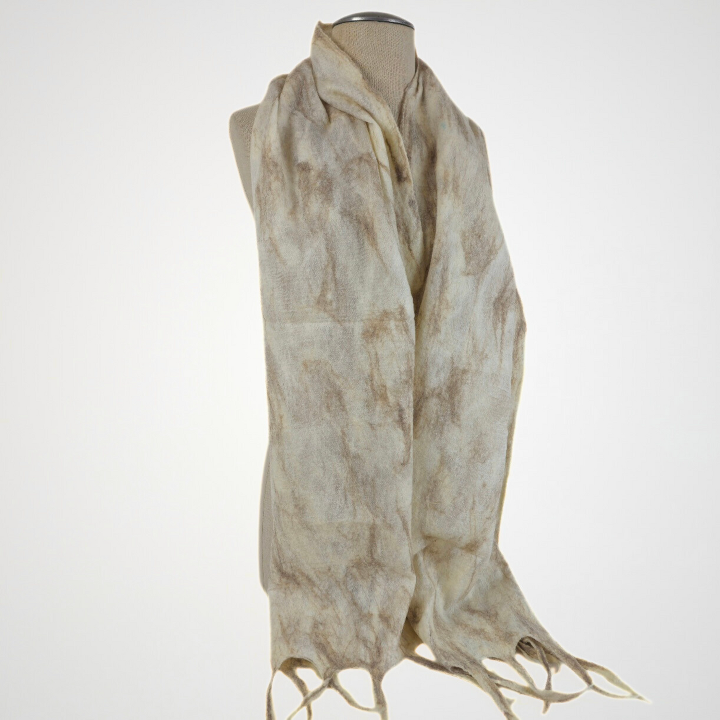 White-Brown Merino Wool & Silk Felted Scarf