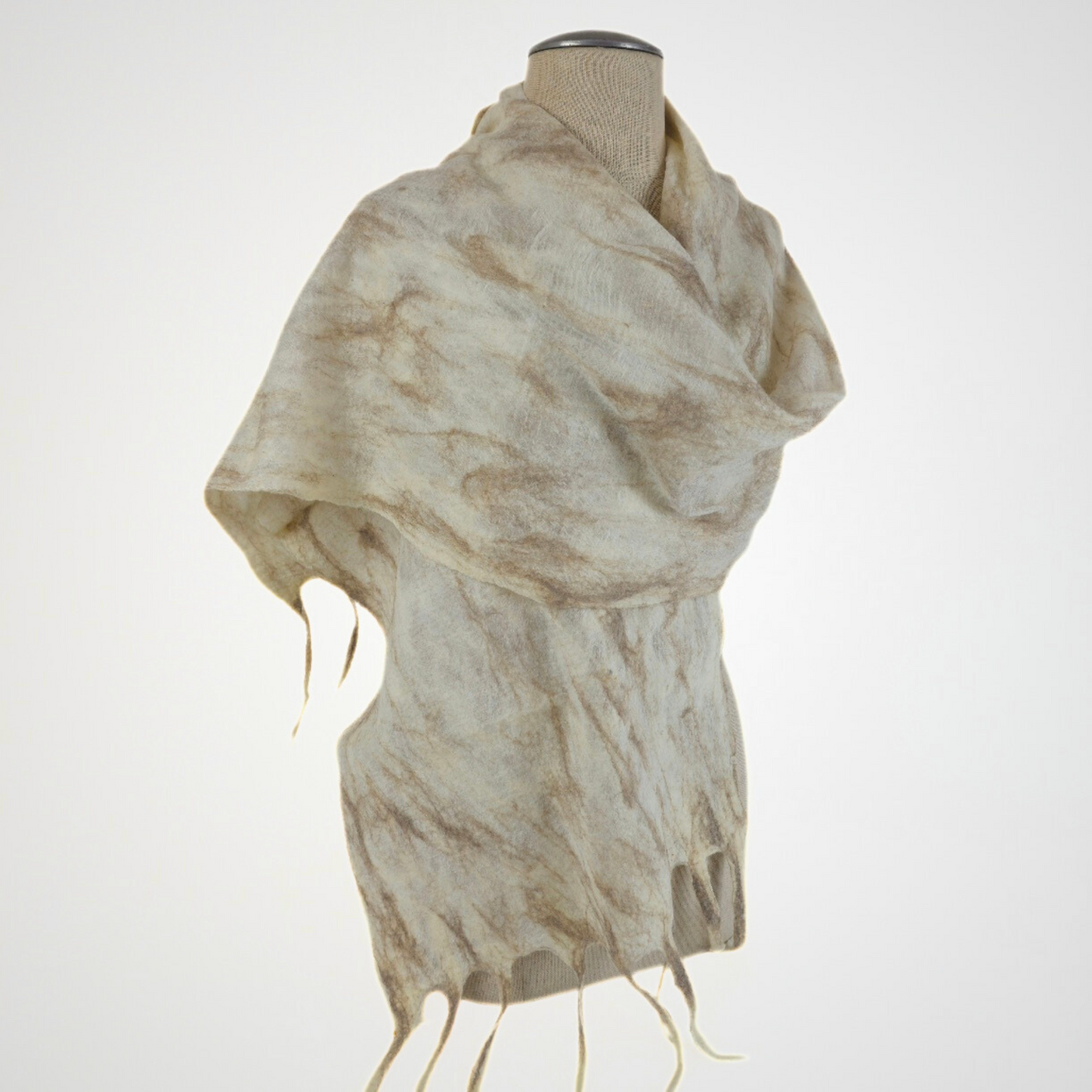 White-Brown Merino Wool & Silk Felted Scarf