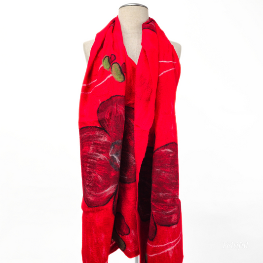 Merino Wool & Silk Maroon Flower Felted Scarf