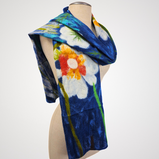 Merino Wool & Silk White Flower Felted Scarf