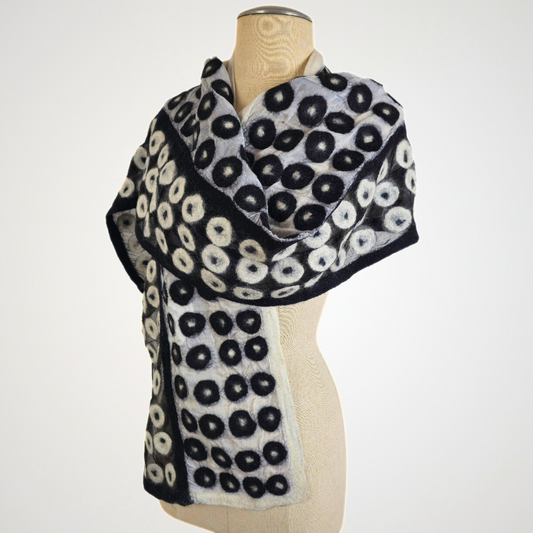 Black & White Polka Dotted Merino Wool & Silk Felted Scarf