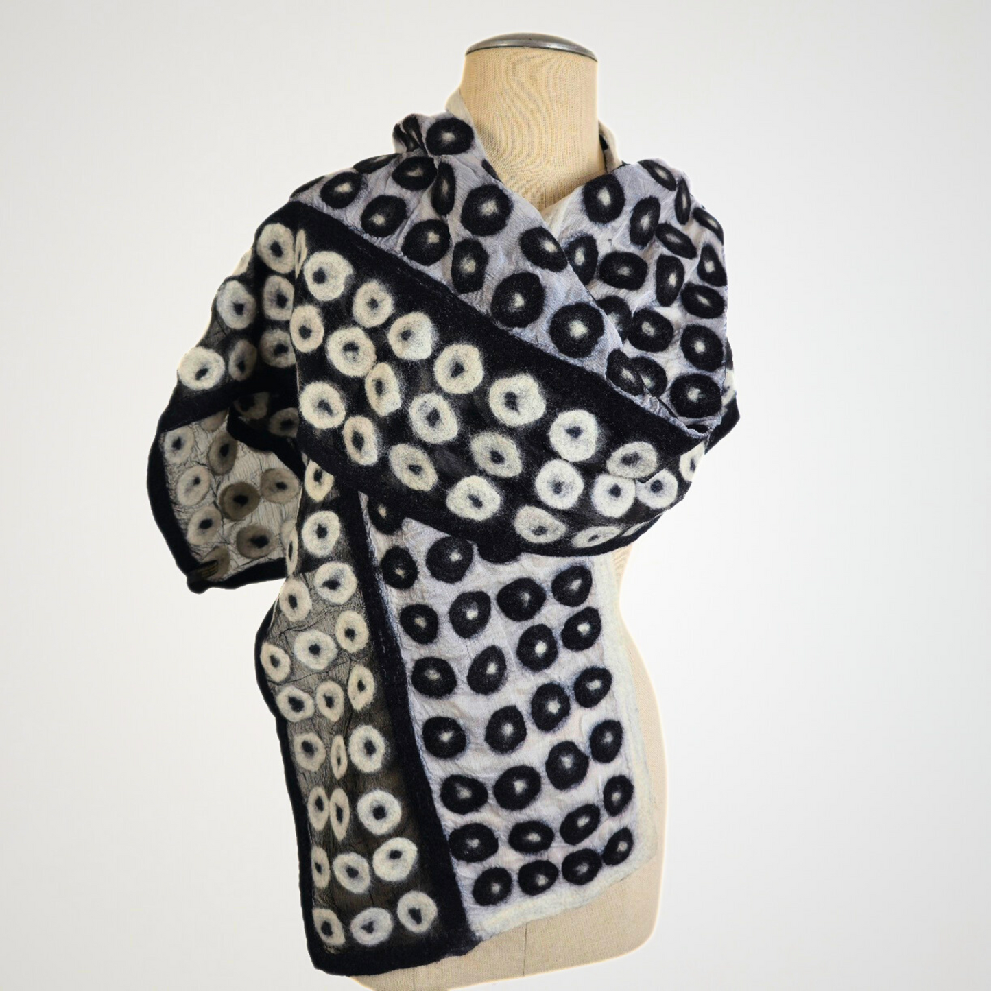 Black & White Polka Dotted Merino Wool & Silk Felted Scarf