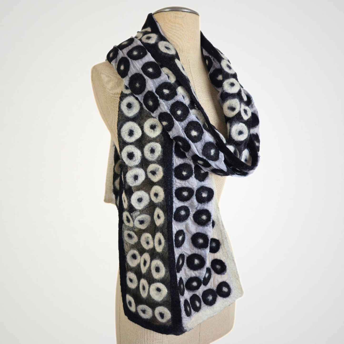 Black & White Polka Dotted Merino Wool & Silk Felted Scarf