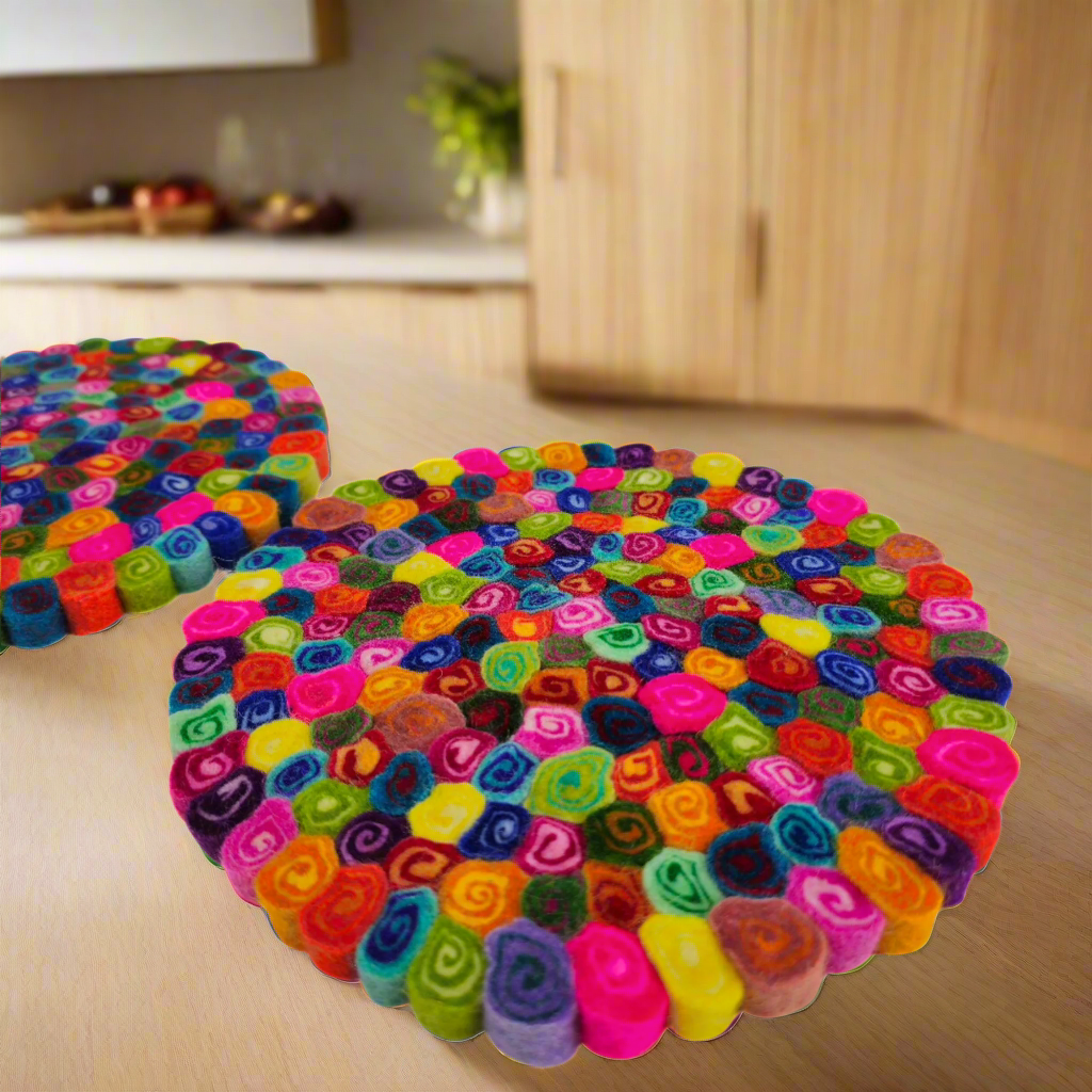 11mm Slice Candy Cut Pom Pom Felt Trivet-Set Of 2Pcs.