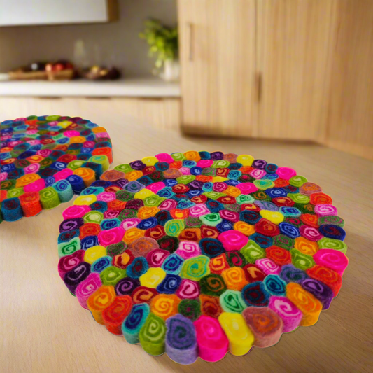 11mm Slice Candy Cut Pom Pom Felt Trivet-Set Of 2Pcs.