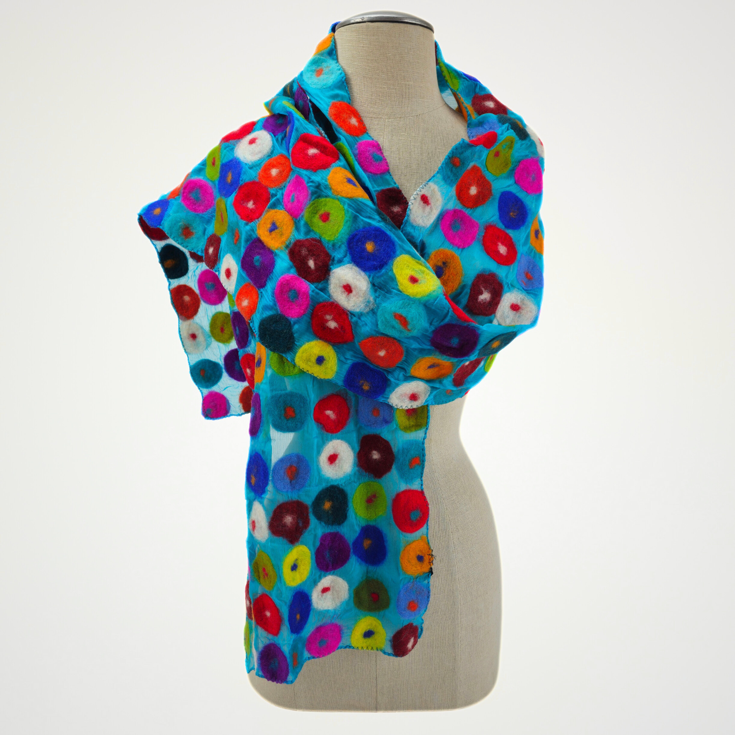 Blue Multi Polka Dotted Merino Wool Felted Scarf