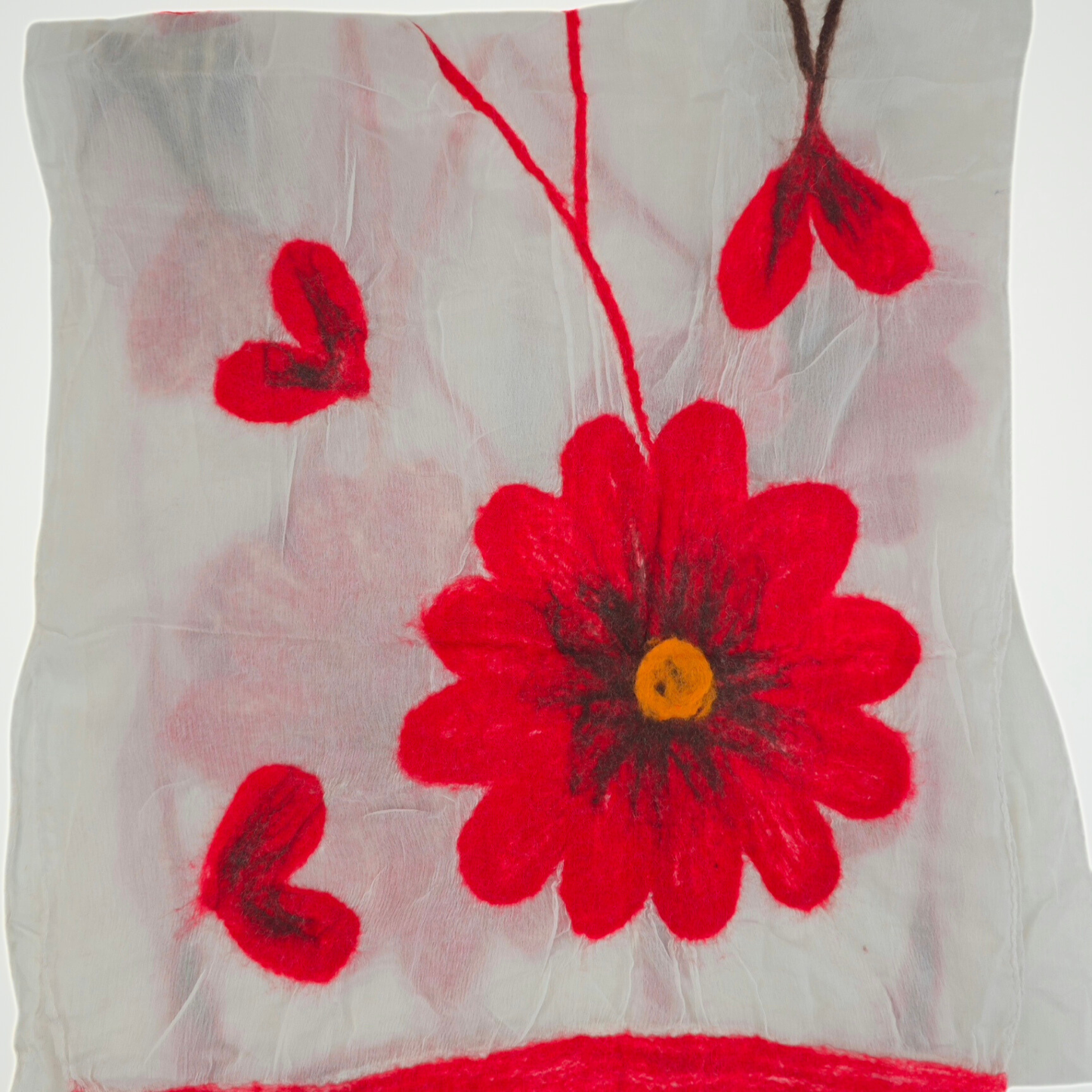 Hand-Felted White Silk Scarf with Red Floral Design