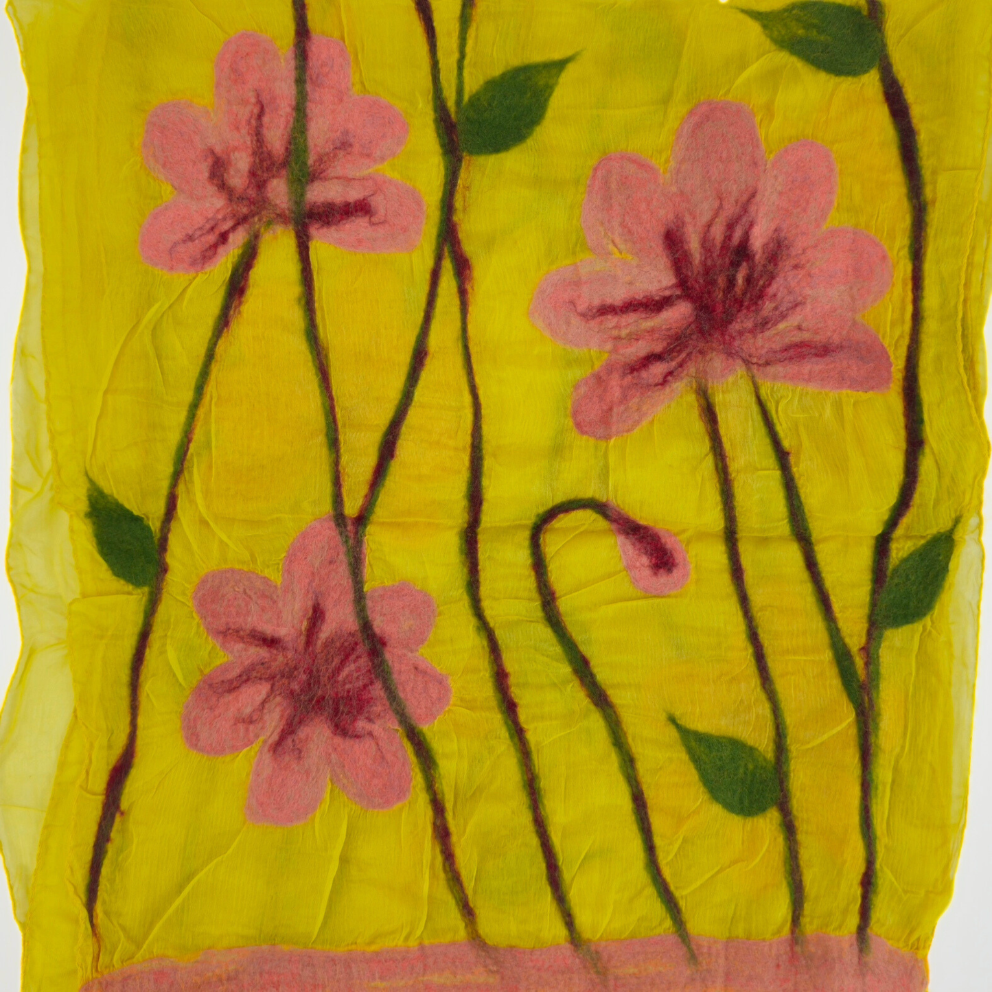 Hand-Felted Yellow Silk Scarf with Dusty Rose Floral Design
