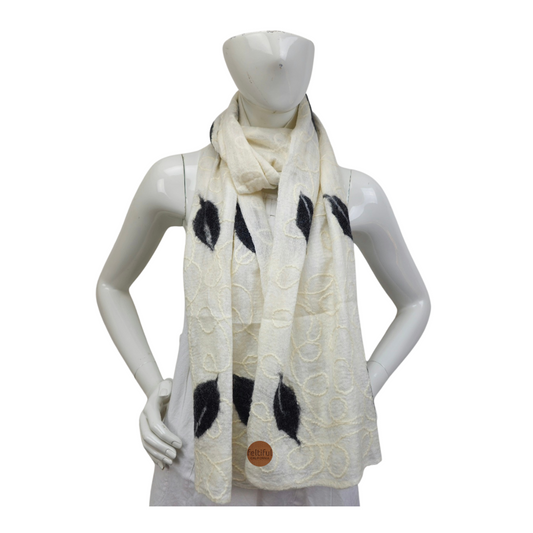 Merino Wool & Silk Black Leaf Felted Scarf