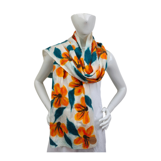 Merino Wool & Silk Orange Flower Felted Scarf