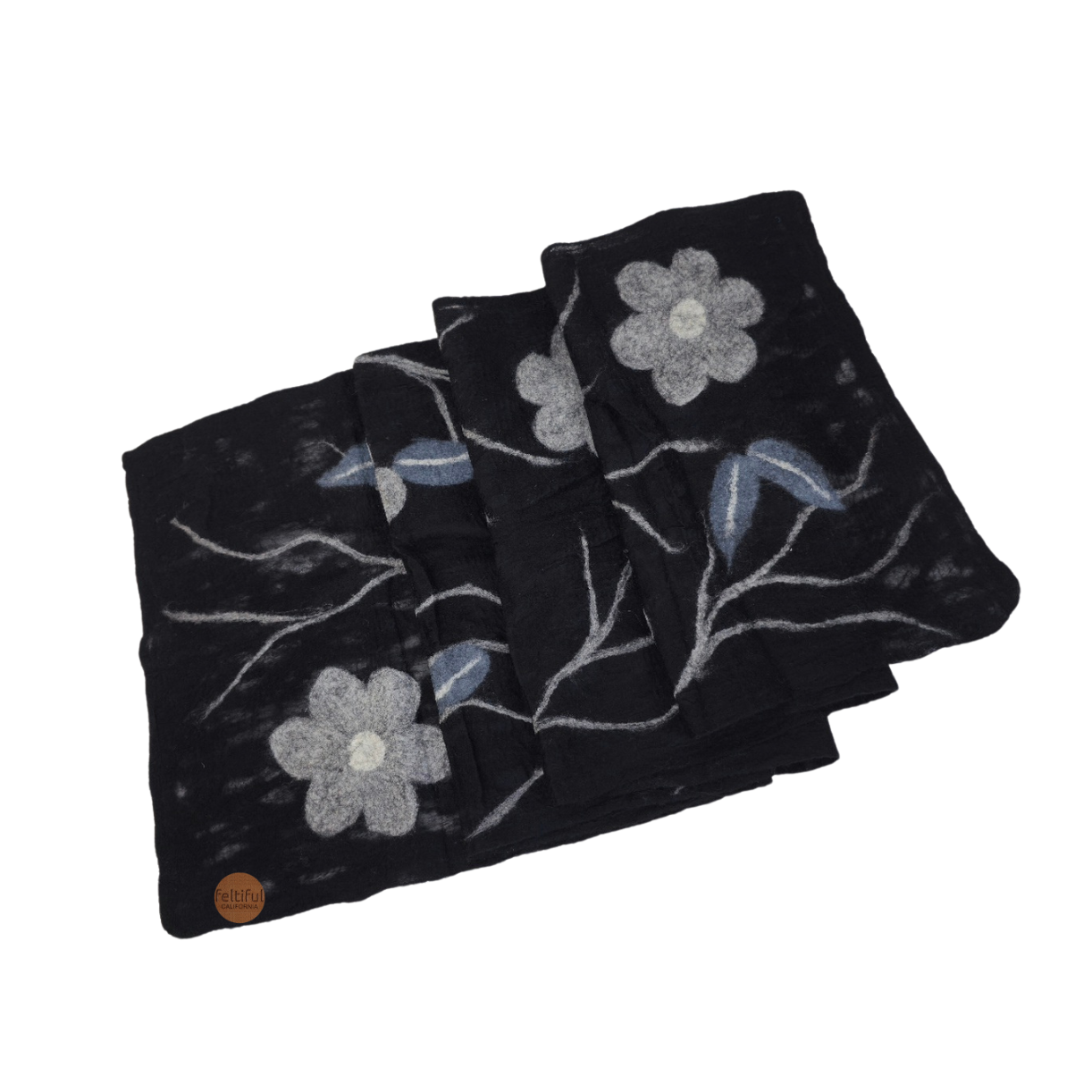 Merino Wool & Silk Gray Flower Felted Scarf
