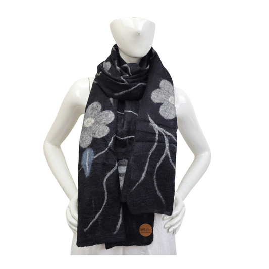 Merino Wool & Silk Gray Flower Felted Scarf