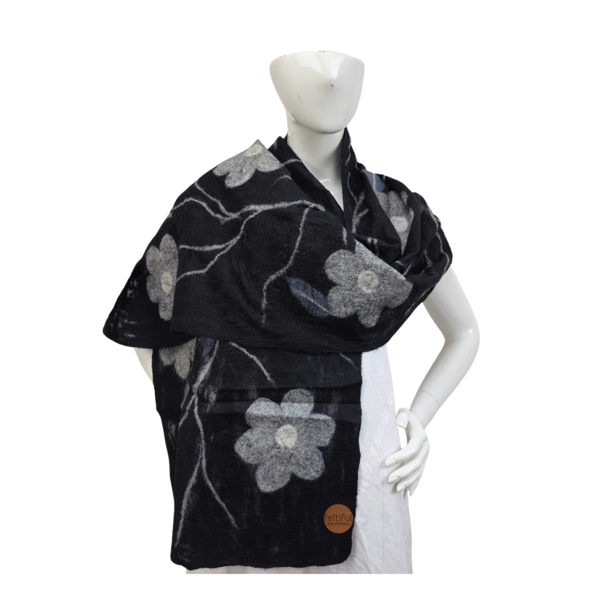 Merino Wool & Silk Gray Flower Felted Scarf