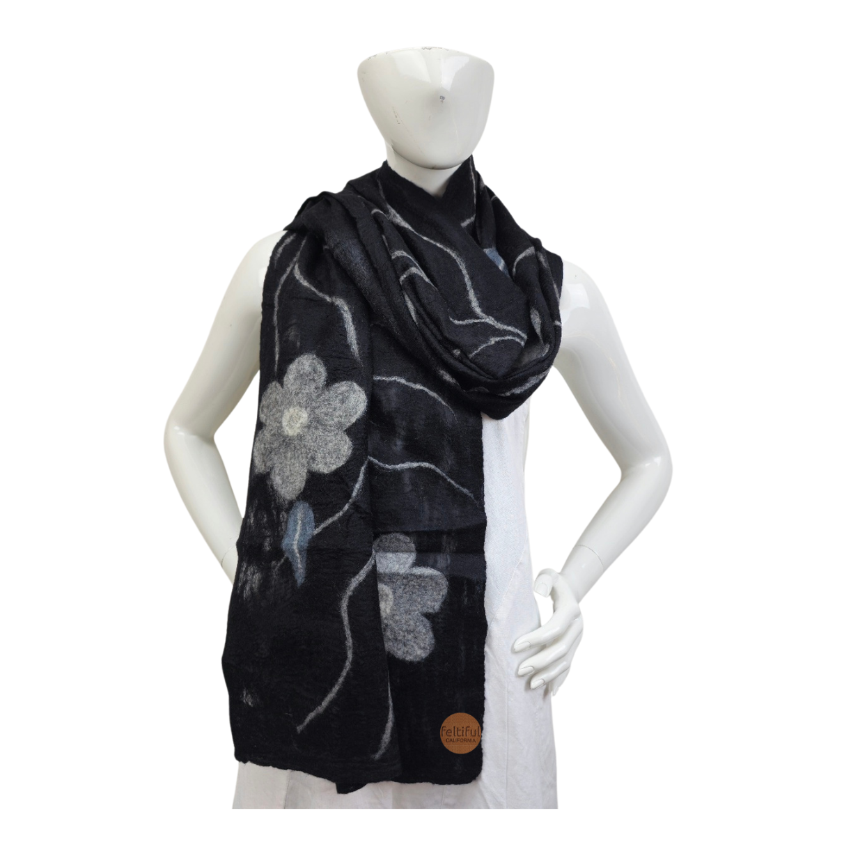 Merino Wool & Silk Gray Flower Felted Scarf