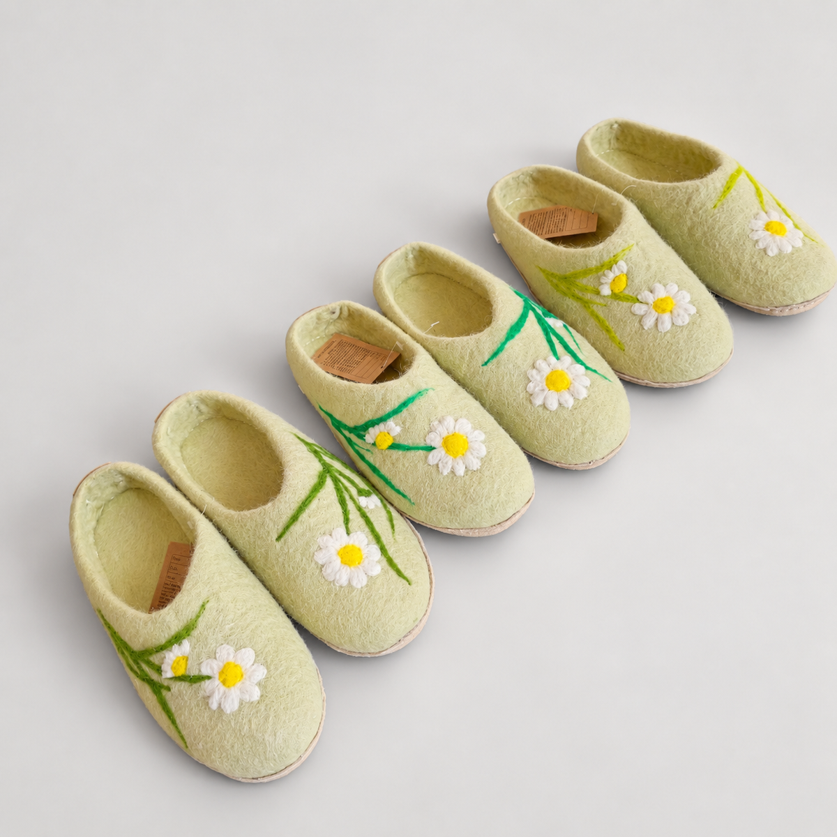 Pale Green Daisy Wool Felt Slippers