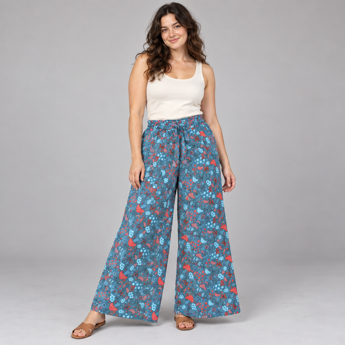 Blue and red mushroom print cotton palazzo trousers – AI-generated model styling