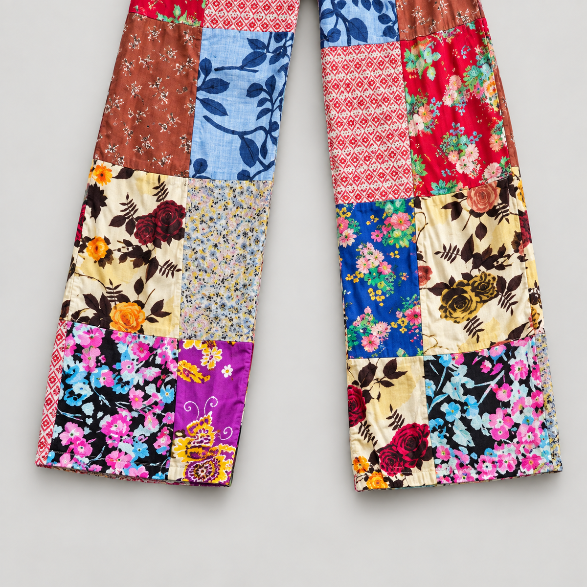 Full-length patchwork overall legs and hem detail