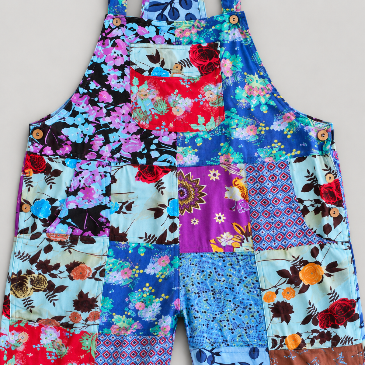 KD617 cotton overalls waist pockets and patchwork seam detail