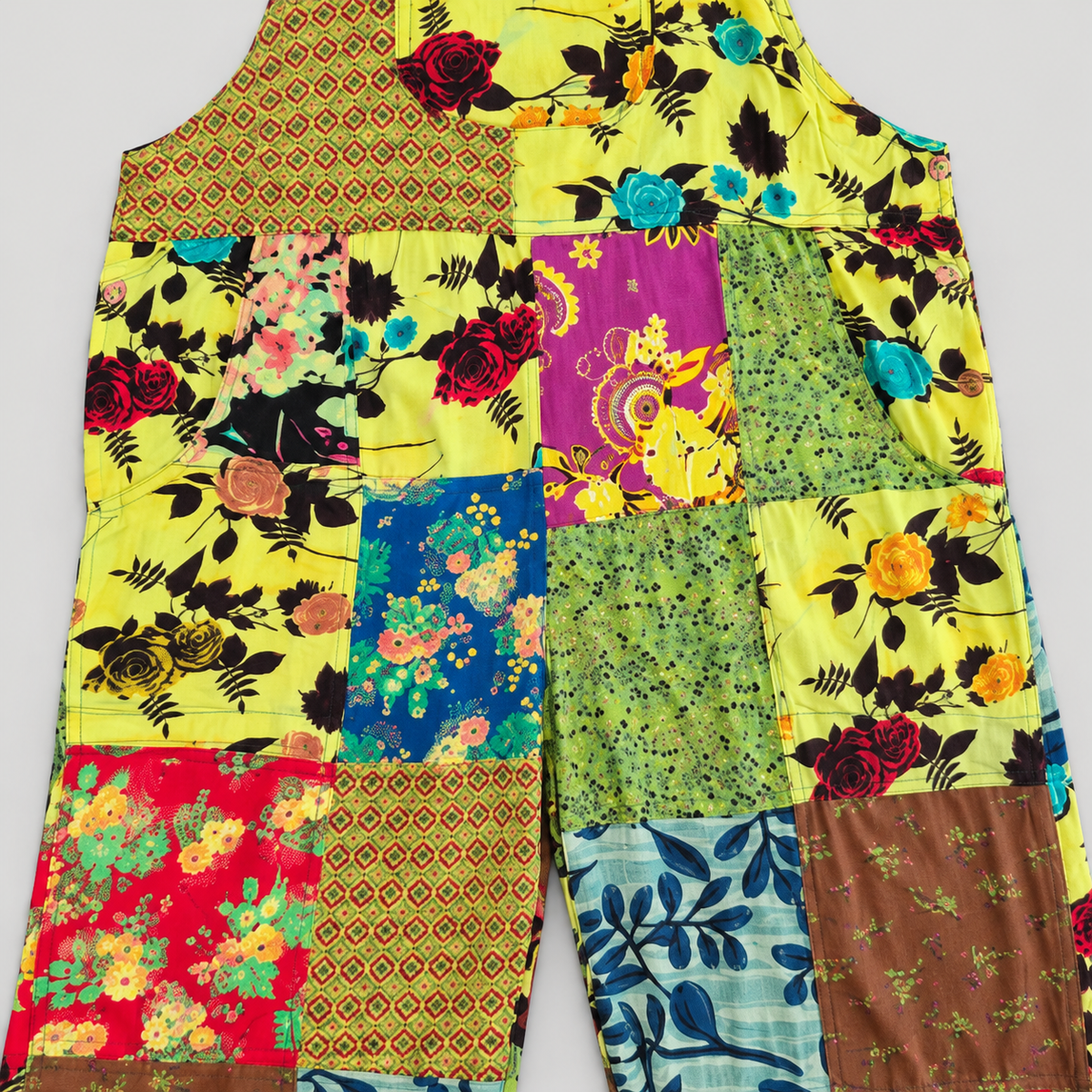 RT616 cotton overalls colorful patchwork and seam detail