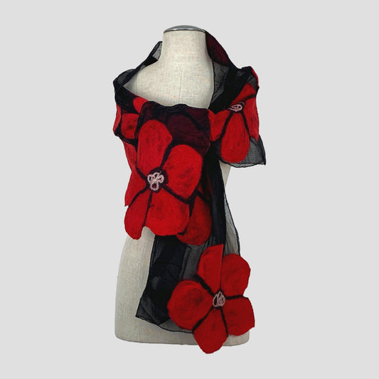 Floppy Flower Merino Wool and Black Silk Felted Scarf