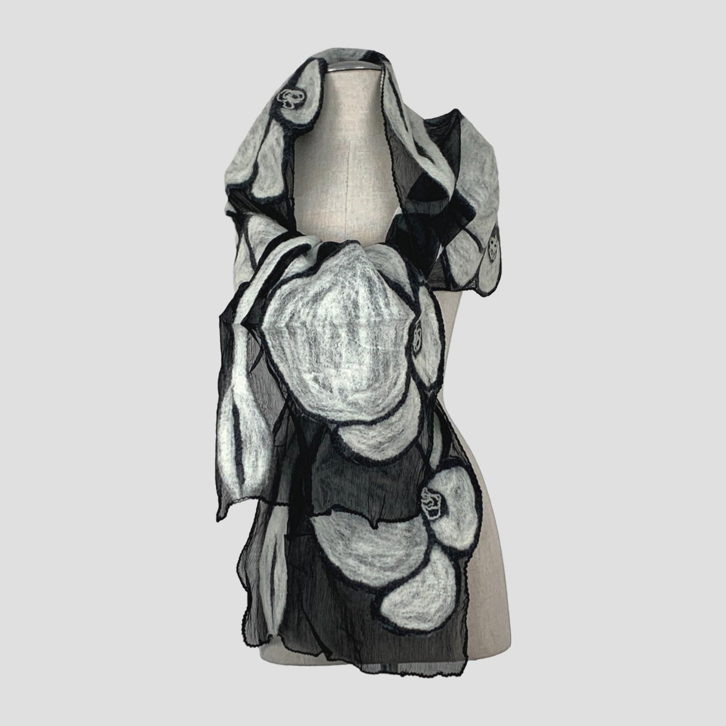 White Big Flower Merino Wool & Silk Felted Scarf