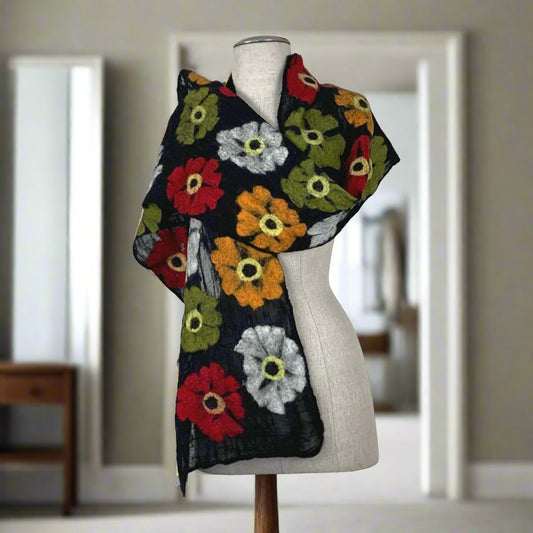 Colorful Flowers Merino Wool & Silk Felt Scarf