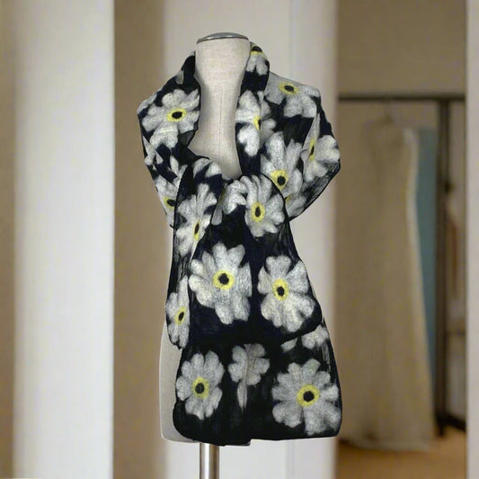 White Flower Merino Wool & Silk Felted Scarf