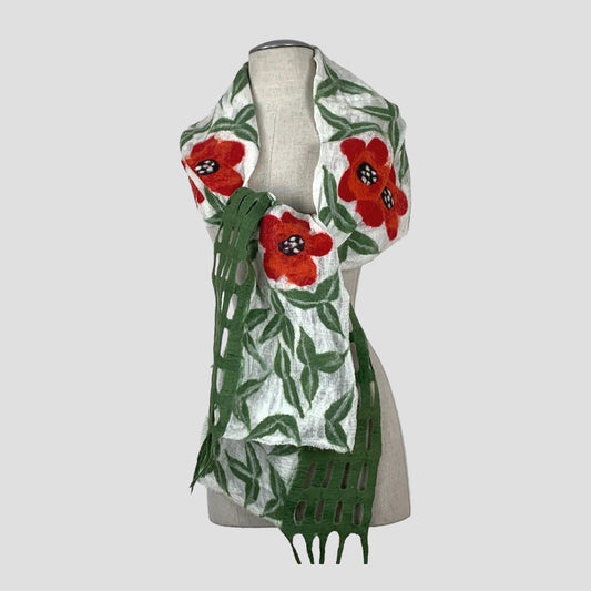 Red Flower Merino Wool Felted Net Scarf