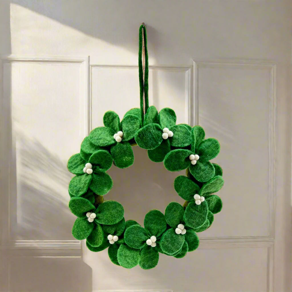 Door Hanging Green Flower Felt Wreath 13 Inches