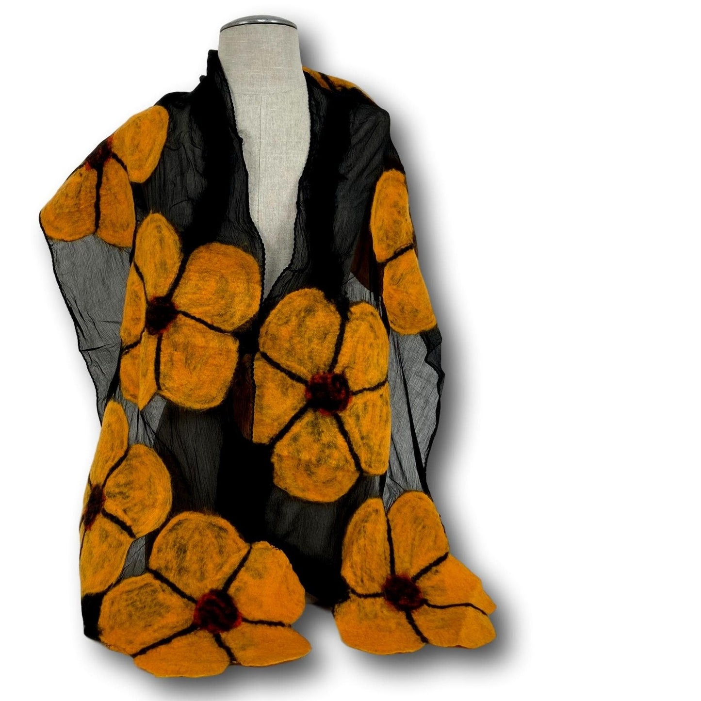 Floppy Flower Merino Wool and Black Silk Felted Scarf