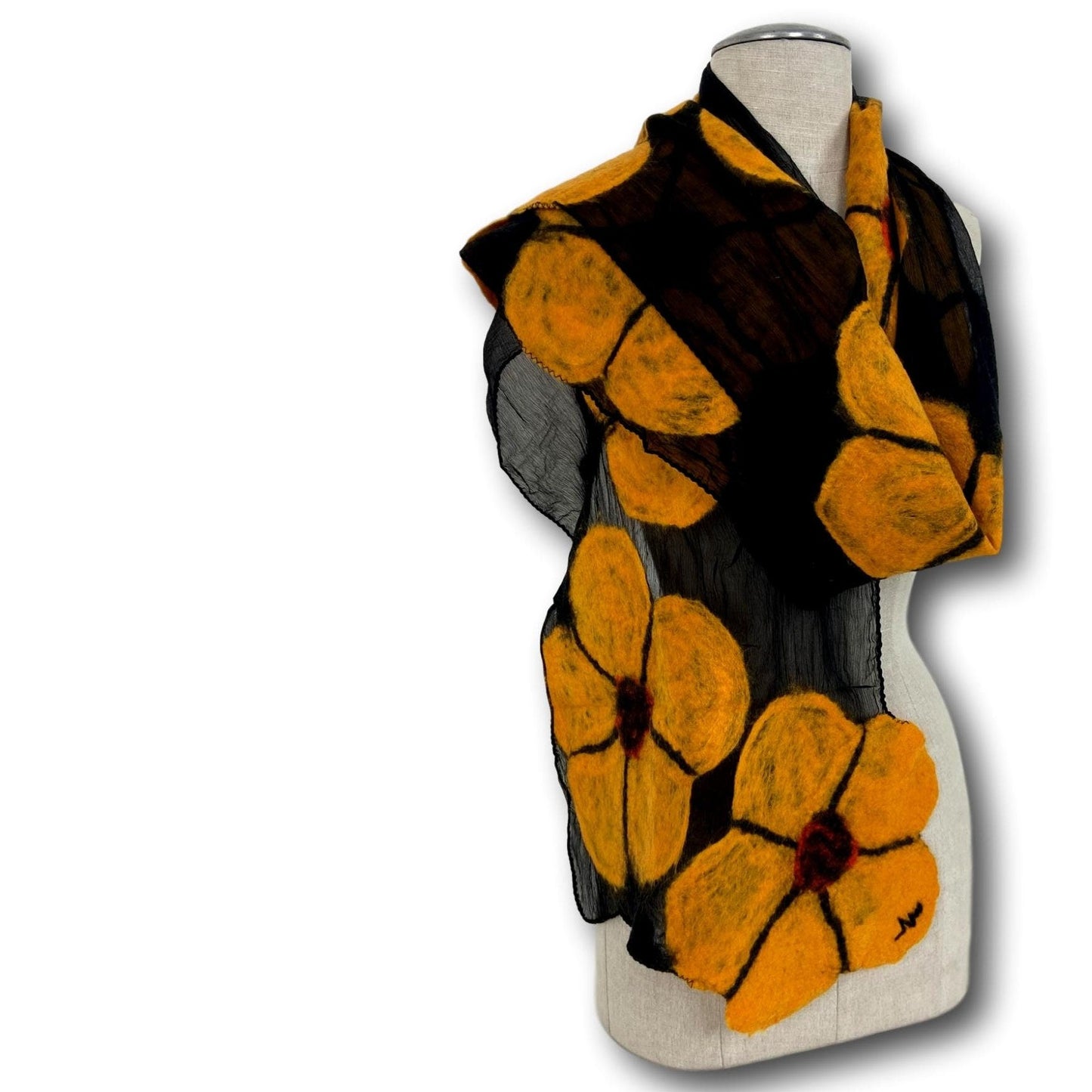 Floppy Flower Merino Wool and Black Silk Felted Scarf
