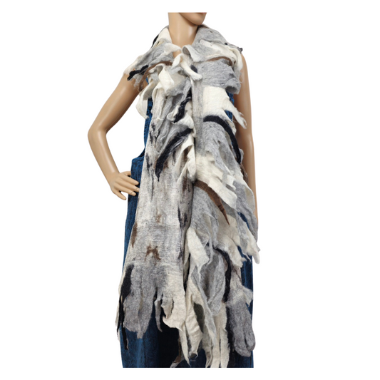 White, Gray Merino Wool Felt Scarf