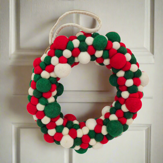 Door Hanging Multi Felt Ball Wreath 14 Inches