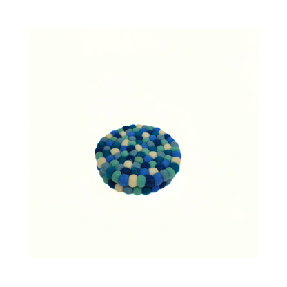 Blue-White Felt Pom Pom Coaster, Set Of 2 Pieces