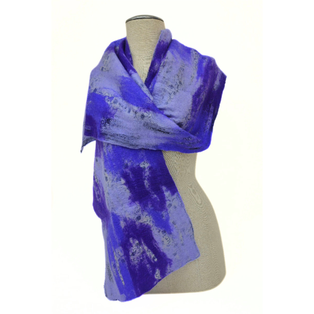 Purples-Lavender Nuno Felted Merino Wool-Sari Silk "Scarf" One-of-a-Kind Wearable Art