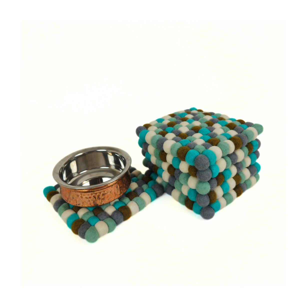 Multi-Turquoise Pom Pom Felt Trivet