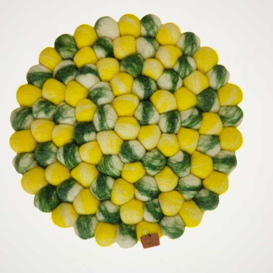 Yellow Tie Dye & More Pom Pom Felt Ball Trivet-Set Of 2Pcs.