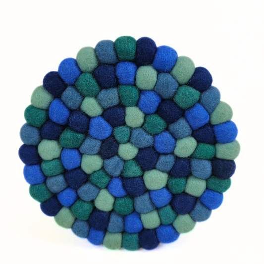 Blue-Green Pom Pom Felt Trivet-Set Of 2Pcs.